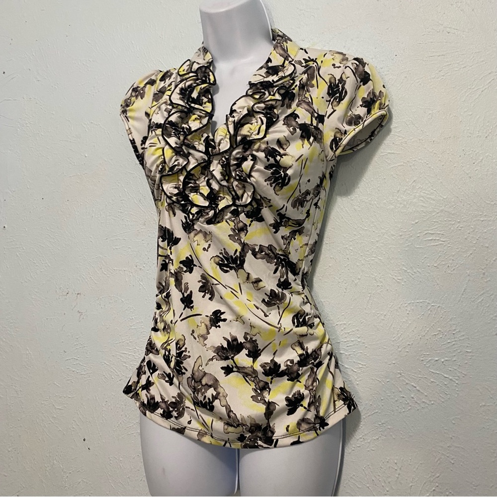 Yellow and black floral ruffle top